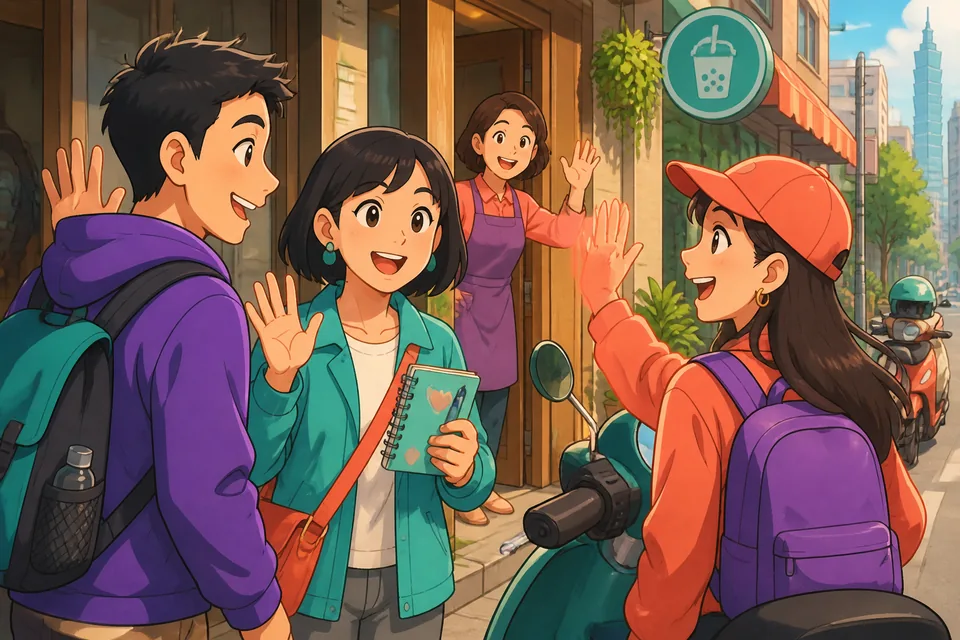 Family in a small apartment: a parent waves as their child leaves saying いってきます; the scene shows everyday Japanese greetings.