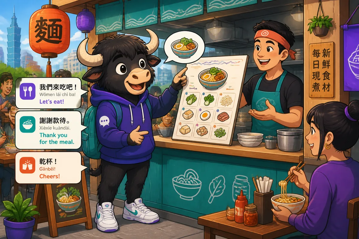 A cozy Japanese café scene showing people saying いただきます and 乾杯 — lesson about food and drink phrases in Japanese.