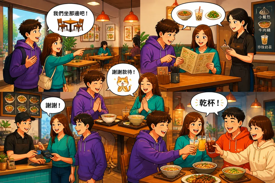Two friends raising glasses and saying 乾杯, then finishing a meal and saying ごちそうさまでした — real dining phrases for learners of Japanese.