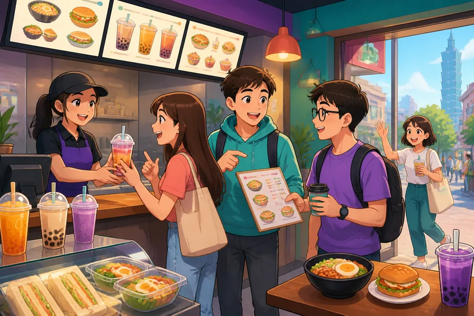 A friendly restaurant interior in Japan where a couple asks for a window seat and a menu — teaching phrases like 窓側の席がいいです and メニューをお願いします.