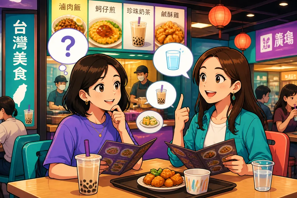 Anna and David talking politely at a table, asking for water and small plates while complimenting the food in Japanese.