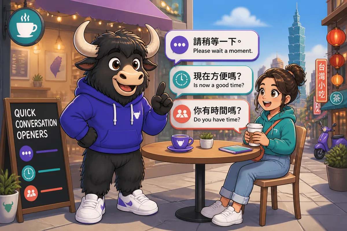 A friendly office scene where two colleagues in Japan use short polite phrases to check timing and ask quick questions.