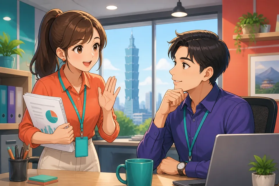 Two coworkers at a desk in Japan using phrases like ちょっといいですか and ちょっと待ってください during a quick chat.