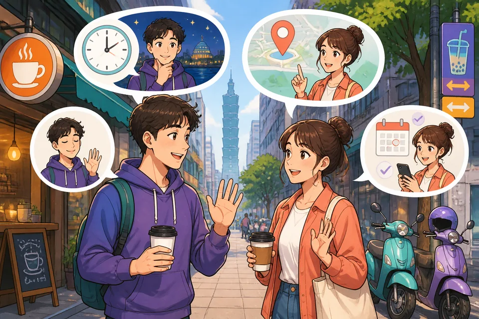 Anna and David standing by a train station entrance arranging time: using phrases like "何時に会いますか。(Nan-ji ni aimasu ka.)" and "先に行ってください。(Saki ni itte kudasai.)"
