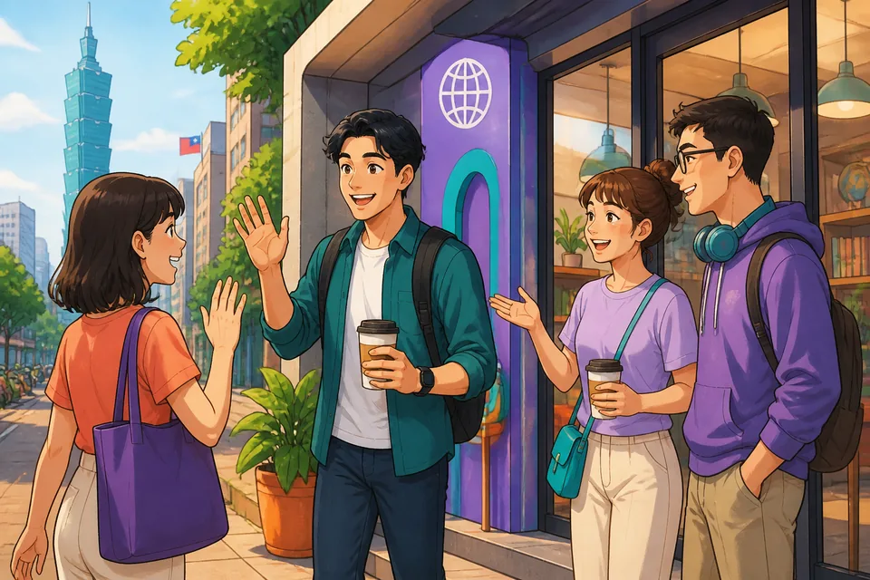 A city scene near a cafe where people ask "待ち合わせはどこですか。(Machiawase wa doko desu ka.)" and decide a time.