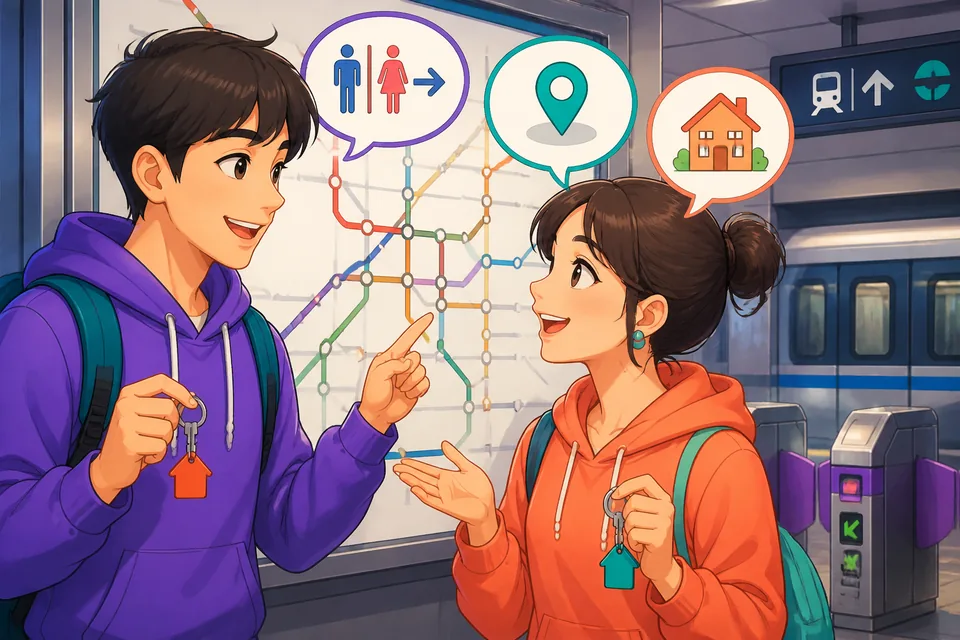 Two people in front of a map; one asks 'どこですか' and the other points and answers 'ここです' and 'あそこです'.