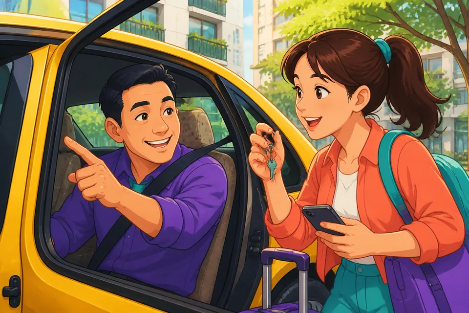 Traveler asking a shop clerk in Japanese where the station is; hands point and speech bubbles show location phrases.