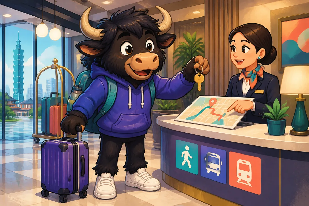 A friendly hotel front desk in Japan with a staff member guiding a guest; the scene relates to Japanese direction phrases.