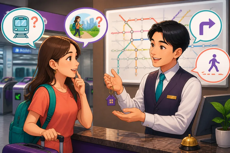 Two people at a hotel front desk: one asks how to get to the station and the other points the way using polite Japanese expressions.