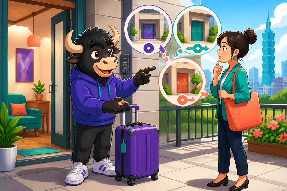 A friendly shop scene in Japan showing a shopper asking about two bags — Japanese phrases for 'which' are highlighted.