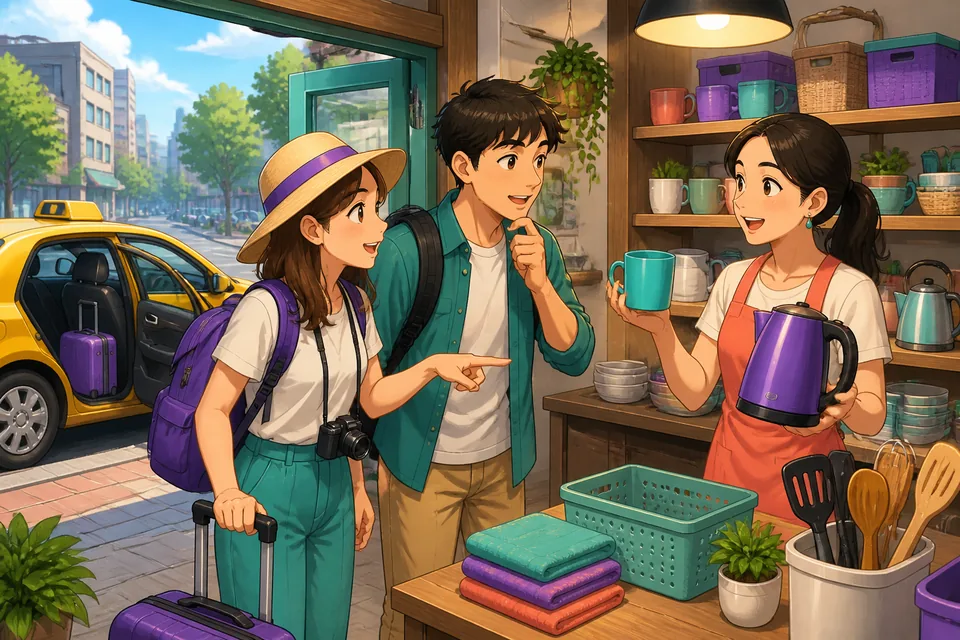 Anna and David near a small shop in Japan, deciding between items and asking polite 'which' questions.