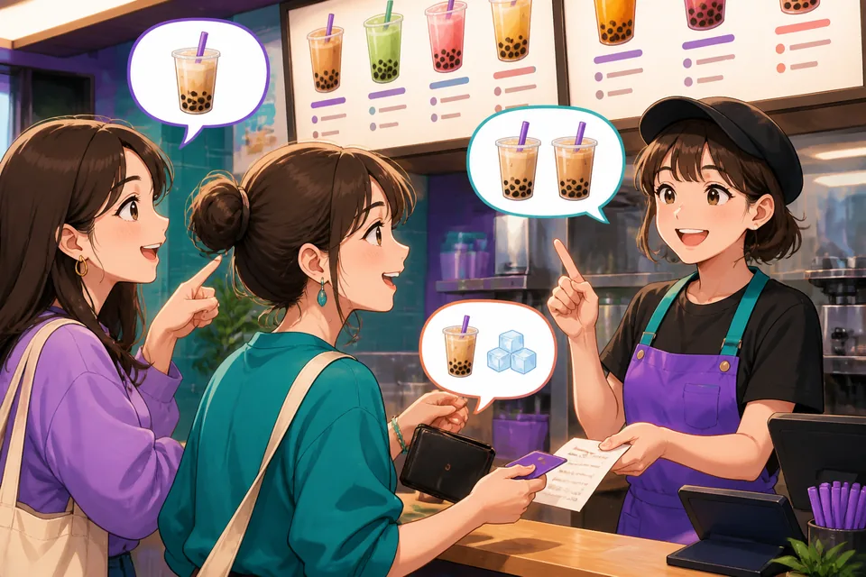 Two people at a register: one choosing an item and asking about payment and a bag, illustrating common Japanese shopping expressions.