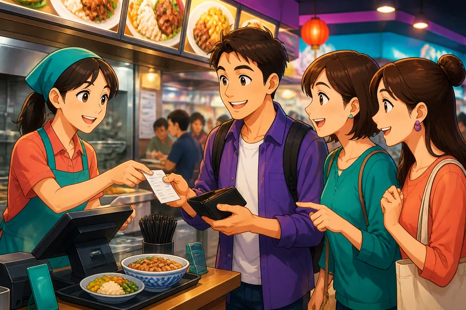 Close-up of a cashier and customer discussing a purchase at a Japanese convenience store — phrases for bags, receipts, and payment.