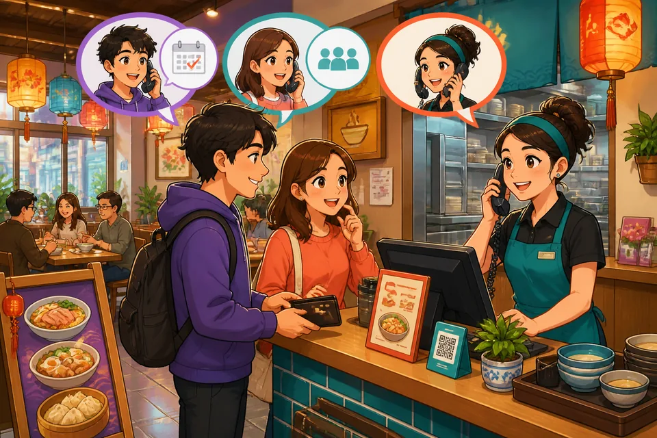 Two people at a restaurant table confirming a reservation in Japanese, using polite phrases and counting guests.