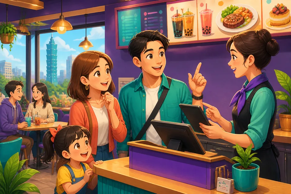 A bright hotel front desk scene in Japan where a guest speaks a reservation phrase to the receptionist.