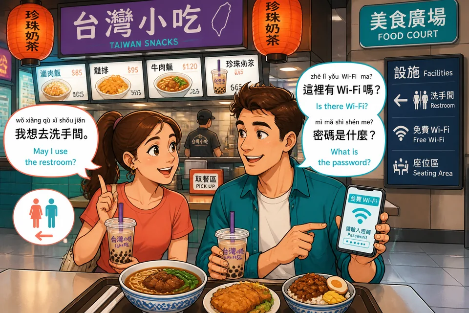 Two people near a café table: one asks for the restroom and the other asks about the Wi‑Fi password, illustrating the lesson phrases.