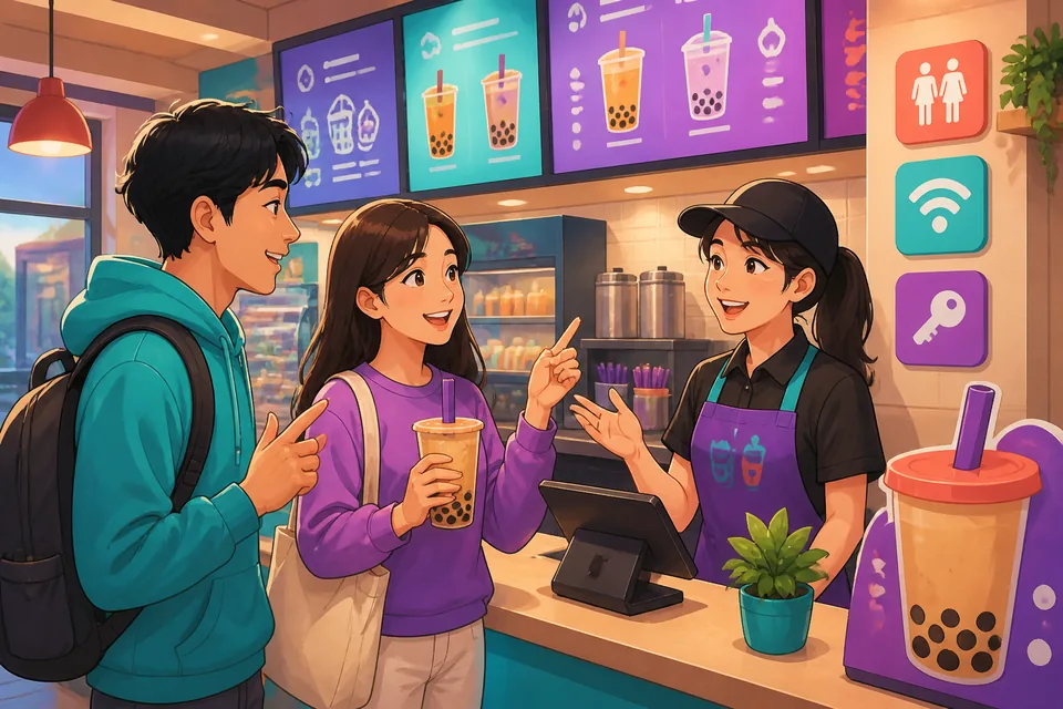 A traveler politely asking at a café counter in Japanese for Wi‑Fi and power outlets, showing real-life facility phrases.