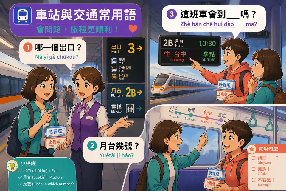 Two people on a train talking quietly, one preparing to get off and saying 次の駅で降ります and すみません、通ります; shows real transit interactions in Japanese.