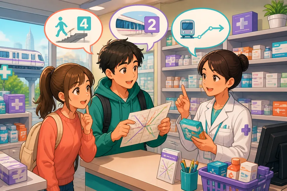 A traveler asking a station attendant at a ticket gate and looking at platform signs; emphasizes asking 何番出口ですか and 何番ホームですか in Japanese.