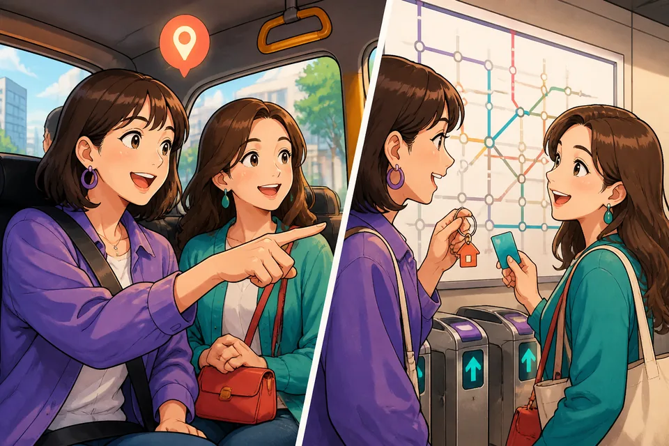 Inside a taxi: a passenger points at the curb and says ここで止めてください。, the driver listens — an everyday Japanese transport scene.