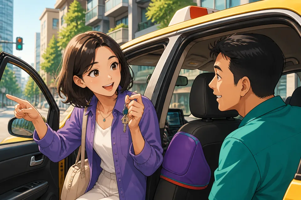 City street in Japan with a taxi and a passenger holding a small suitcase, showing the transportation topic and polite request phrase.