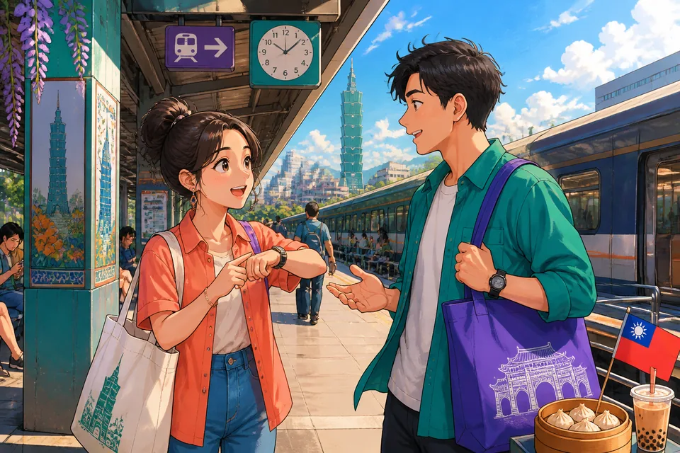 Anna and David standing on a train platform in Japan, talking about trains, being late, and whether they will make it — illustrates the mini-dialogue.
