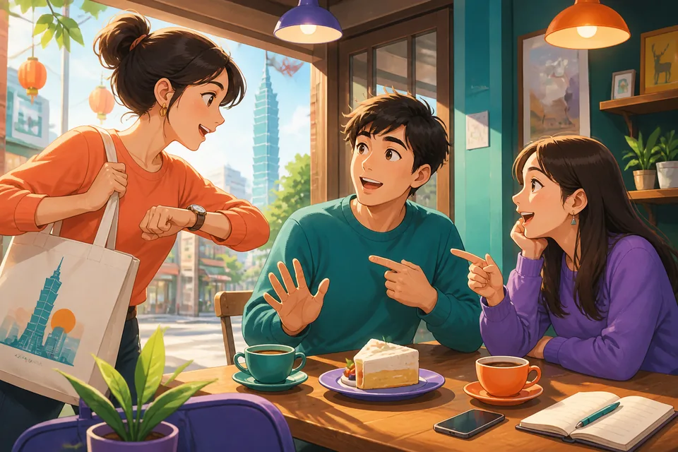 A friendly café in Tokyo where two people discuss their schedule — visual for practicing time phrases in Japanese.