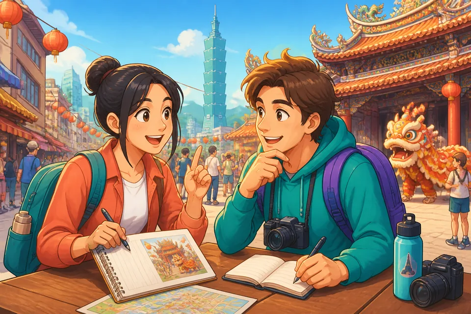Anna and David talk near a map: the conversation shows phrases like 聞いたことがあります。 and 初めてです。 — a natural short exchange about familiarity.