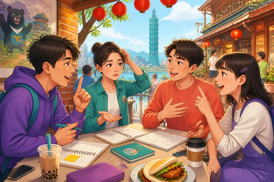 A friendly tourist office scene where a visitor asks about a festival and whether someone knows a guide; shows Japanese phrases about knowing and hearing of things.