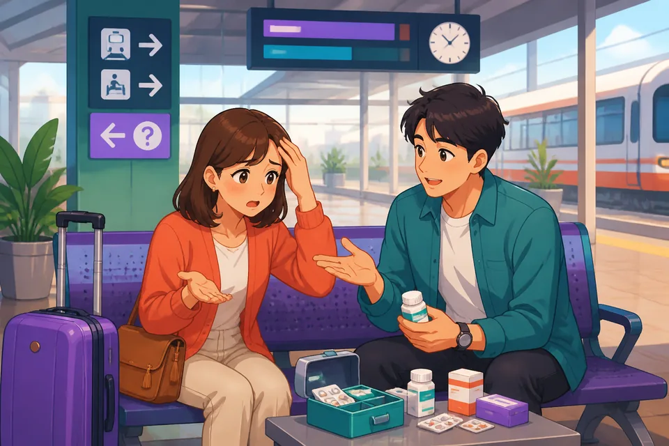 Two people talking at a platform bench in Japanese, one explaining they forgot their phone and that the battery is low.