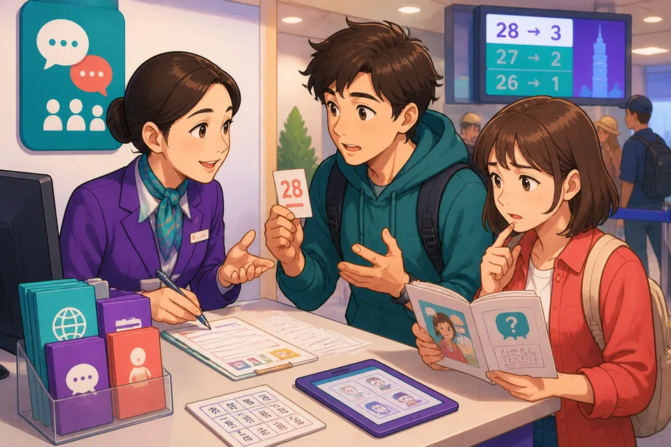 A small cafe scene in Tokyo where a learner explains their Japanese ability and asks someone to write in hiragana. The image highlights polite, helpful language.