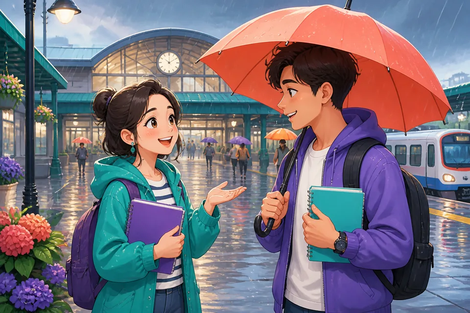 Two people under an umbrella in Japan having a short conversation about the rain.