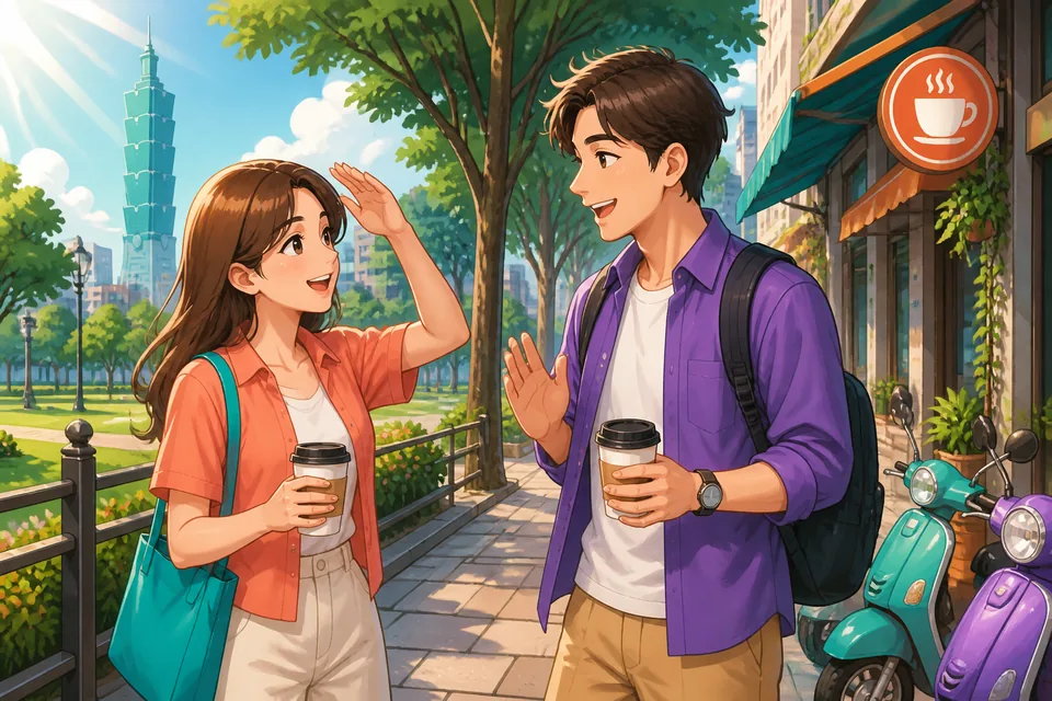 Anna and David stand by a park bench, talking about the temperature and the sunny day in Japanese.