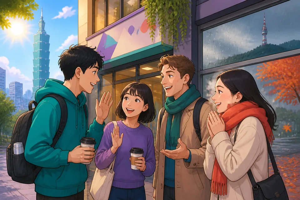 A friendly street scene in Japan where neighbors smile and comment on the weather using simple phrases.