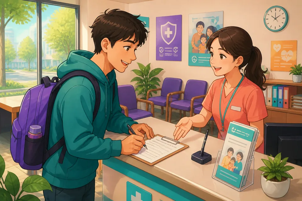 A short scene at a reception desk: a person fills out a form and signs it while the staff courteously asks for the information.