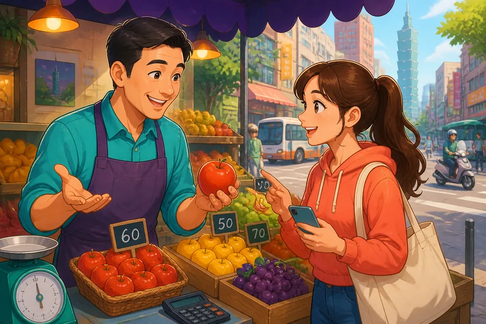 Two people at a register: a customer asking '全部でいくらですか。' and a clerk replying with the total and payment options.