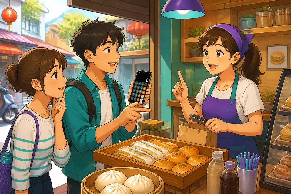 A busy corner shop in Japan where a learner asks 'いくらですか？' while pointing at fruit; colorful price tags visible.