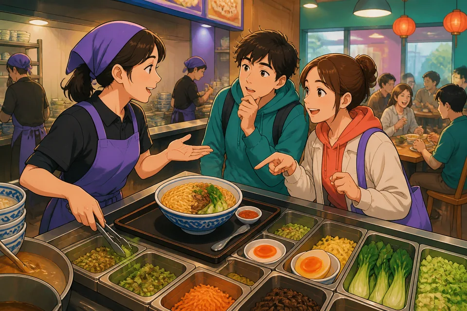 A customer and a shop worker discussing a salad and price in Japanese, with visible signs showing price and portions.