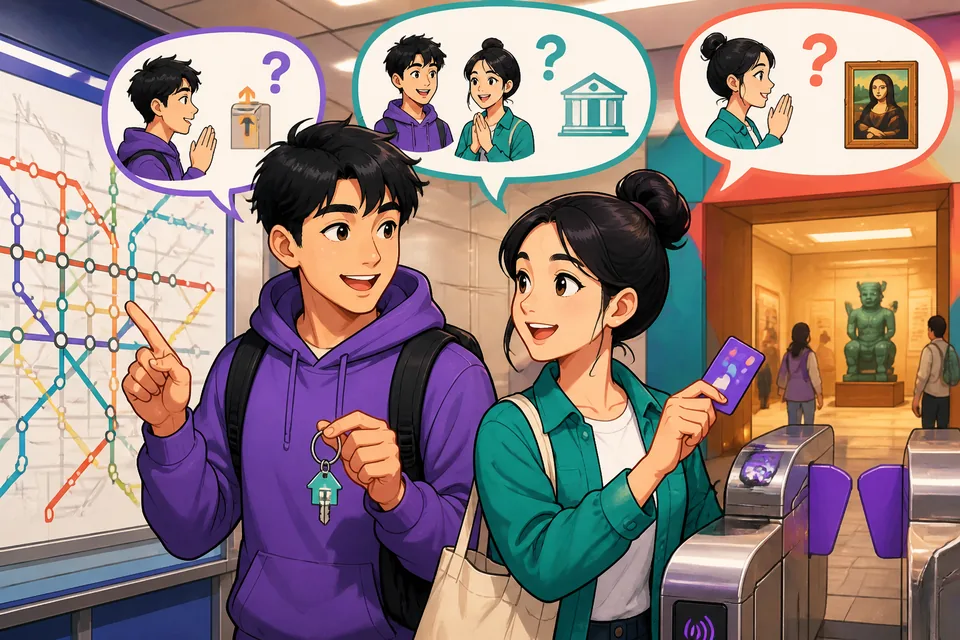 Anna politely asking and David responding in a museum/café setting; short permission phrases shown in Japanese.