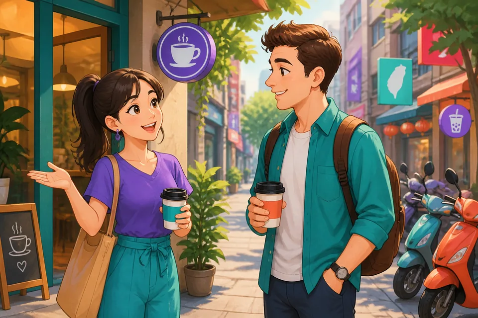 Anna and David greeting each other at a front door: Anna says ようこそ。 and David replies with a name and a question about English.