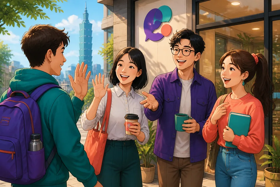 Two people meeting outside on a sunny day in Japan, using 今日はいい天気ですね。 (Kyō wa ii tenki desu ne.) to start small talk.