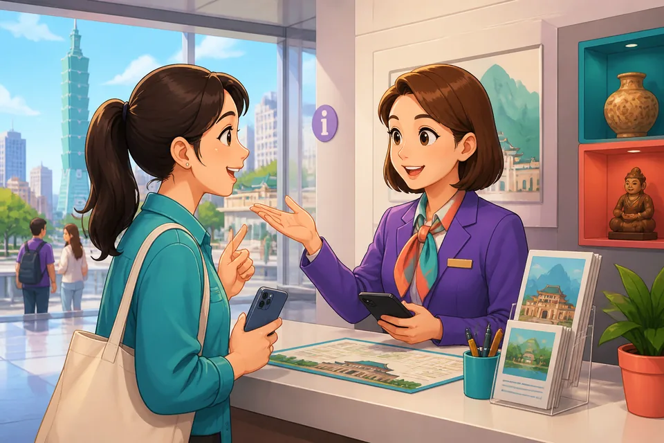 Two people talking near a museum reception: one asking permission about photos and the other explaining rules and who to ask (Japanese permission phrases visible).
