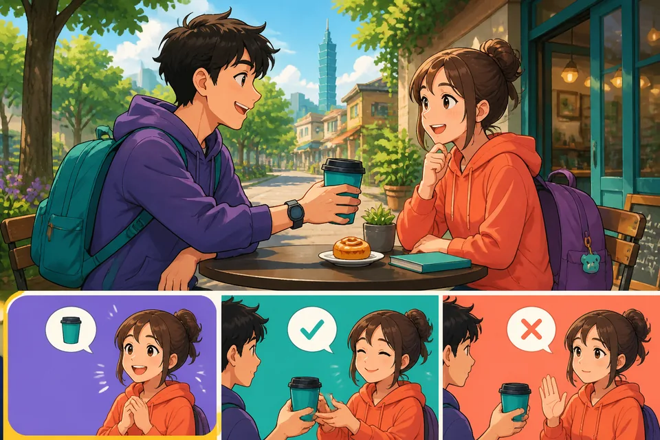 Two friends at a table using short Japanese replies like はい、お願いします and いいえ、けっこうです during a casual offer-and-reply conversation.