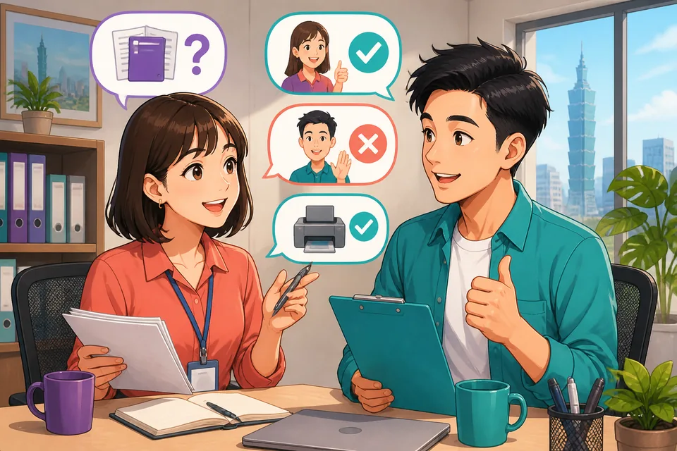 Two colleagues in a meeting room using short Japanese replies like はい、あります。 and いいえ、できません。