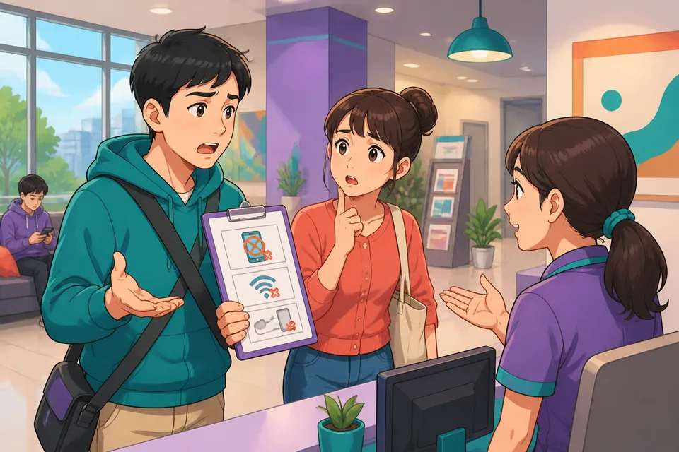 Close-up of a polite conversation at a help desk in Japan, showing someone saying '問題があります。' and a friendly staff member listening.