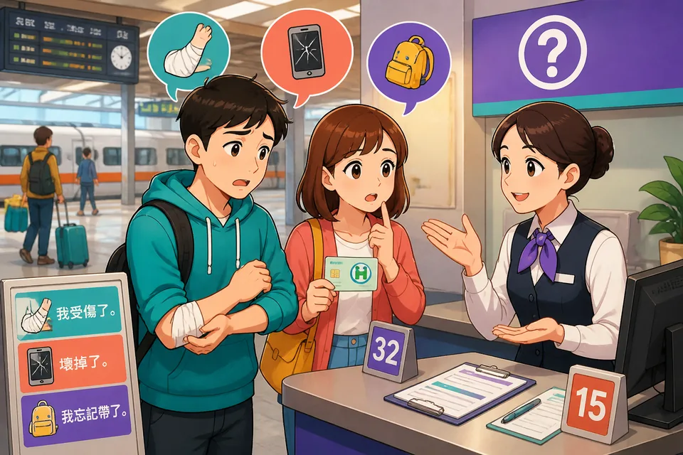 Anna and David at a ticket counter discussing an injury, a forgotten wallet, a broken phone, and a missed train.