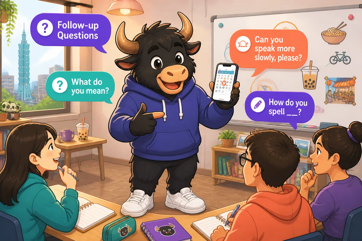 Two people in a café practicing polite Japanese follow-up questions, speech bubbles with Japanese phrases visible.