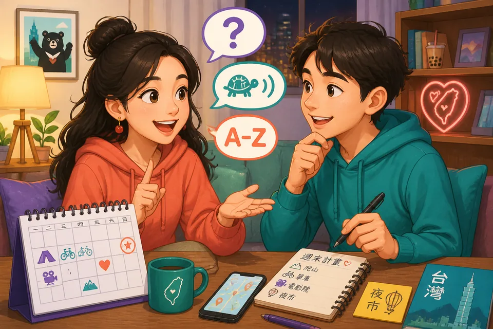 Anna and David sit at a table; Anna is telling a story and David asks polite clarification questions in Japanese.