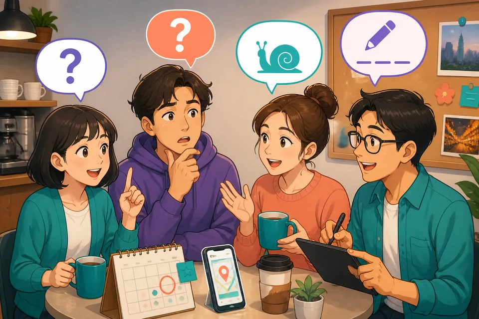 A casual meeting scene where a learner asks follow-up questions in Japanese about someone's story.