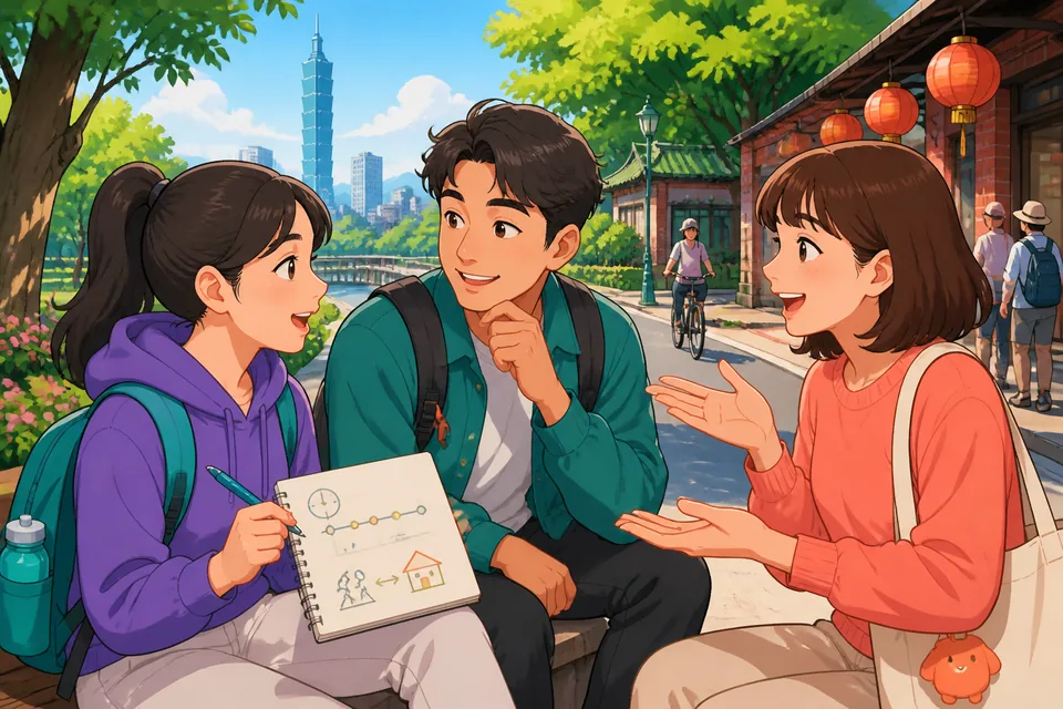 Two people smiling across a table, ready to ask follow-up questions in Japanese about each other's experiences.